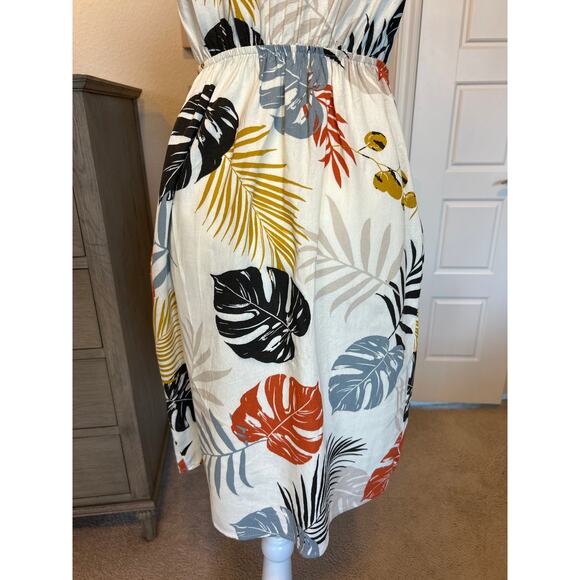 Monteau | Cream Linen Blend Floral A Line V Neck Button Front Dress | XS - Picture 13 of 14